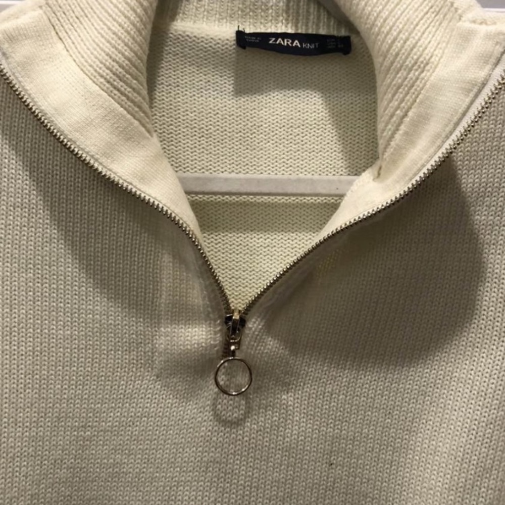 ZARA women Cream Half-Zip Knit Sweater with Ring Pull